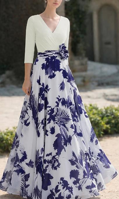 Damen Florales Maxikleid mit Wickeloberteil, dreiviertel-Ärmeln und ausgestelltem Rock EB