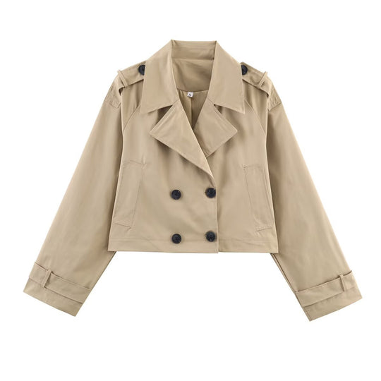 Damen Cropped Trenchcoat mit doppelter Knopfleiste und praktischen Taschen EB