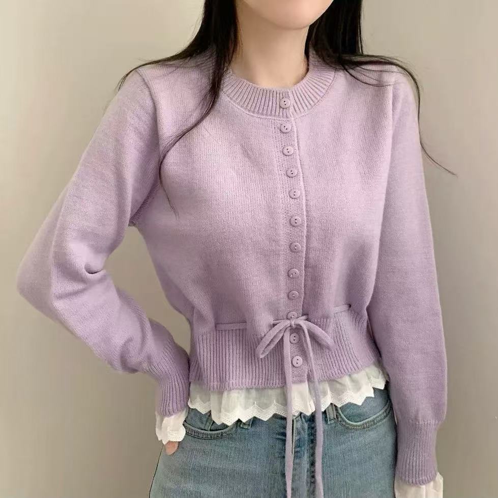 Damen kuscheliger Strickjacke mit fransigen Details und Bändchen EB