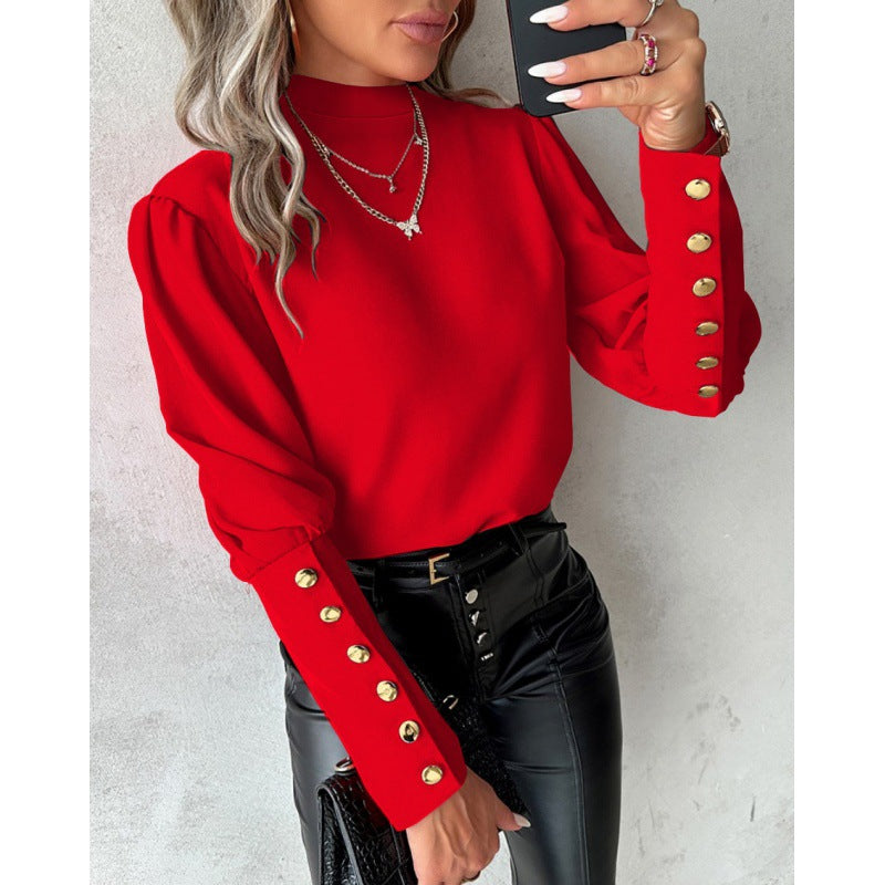 Damen elegante Bluse mit Puffärmeln und goldenen Knopfdetails EB