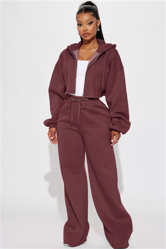 Damen nan Kapuzen-Crop-Top und weite Jogginghose Lounge-Set aus weichem Fleece EB