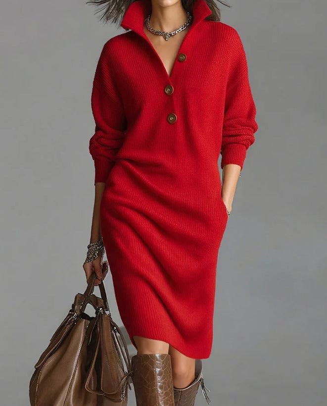 Damen nan gestricktes Pulloverkleid mit Polokragen, Eingrifftaschen und lässiger Passform EB