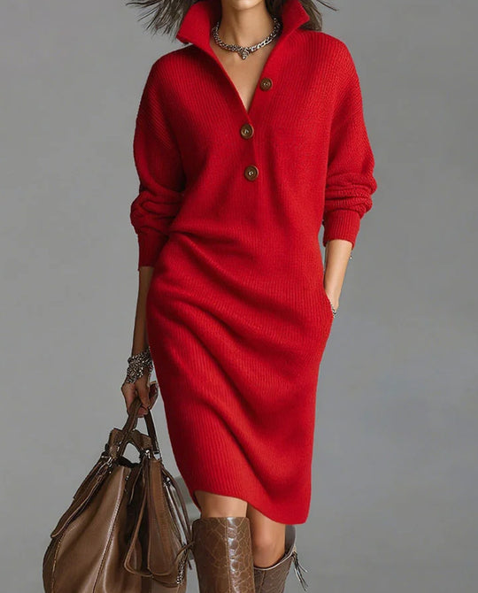 Damen nan gestricktes Pulloverkleid mit Polokragen, Eingrifftaschen und lässiger Passform EB