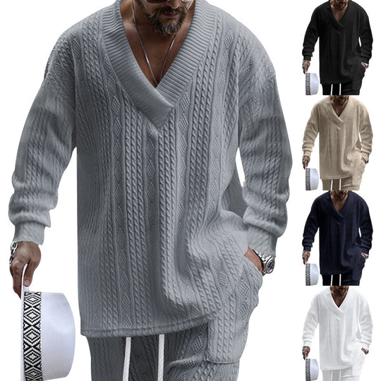 Herren nan Kabelstrick-Set mit tiefem V-Ausschnitt und Kordelbund-Jogginghose EB