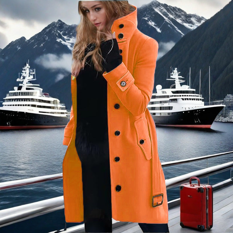 Damen eleganter Trenchcoat mit hohem Kragen und doppelter Knopfleiste EB