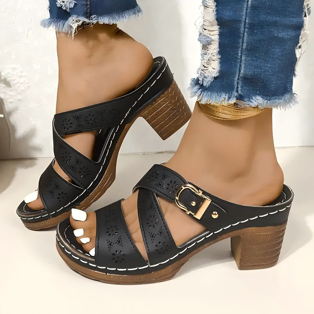 Damen offene Sandalen mit dekorativem Riemen und mittelhohem Absatz EB