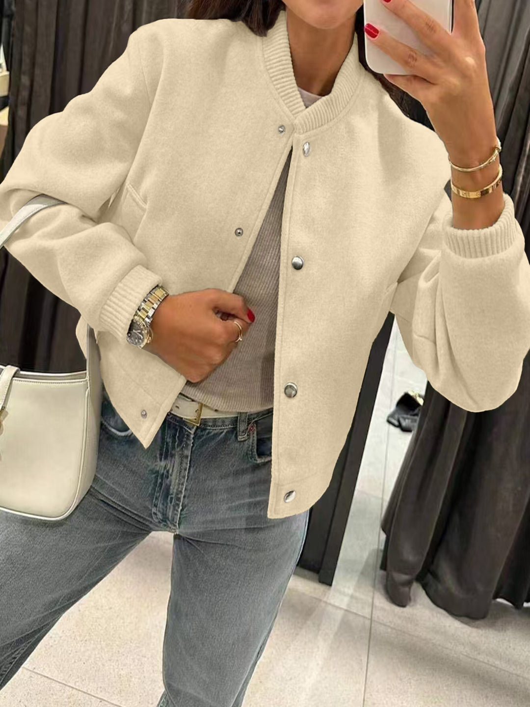 Damen Kurzjacke im Bomberstil aus Teddyfleece mit Rippbündchen EB