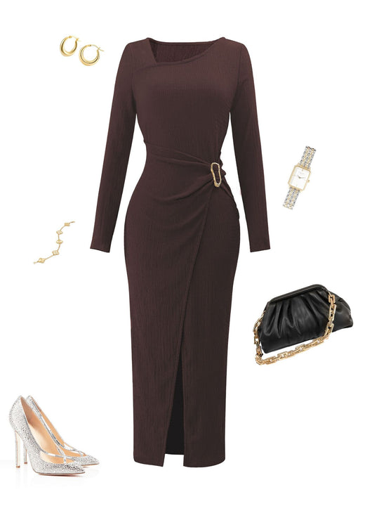 Damen asymmetrisches Wickel-Midikleid mit Ziergürtel, Drapierung und hohem Beinschlitz Eichborn Berlin