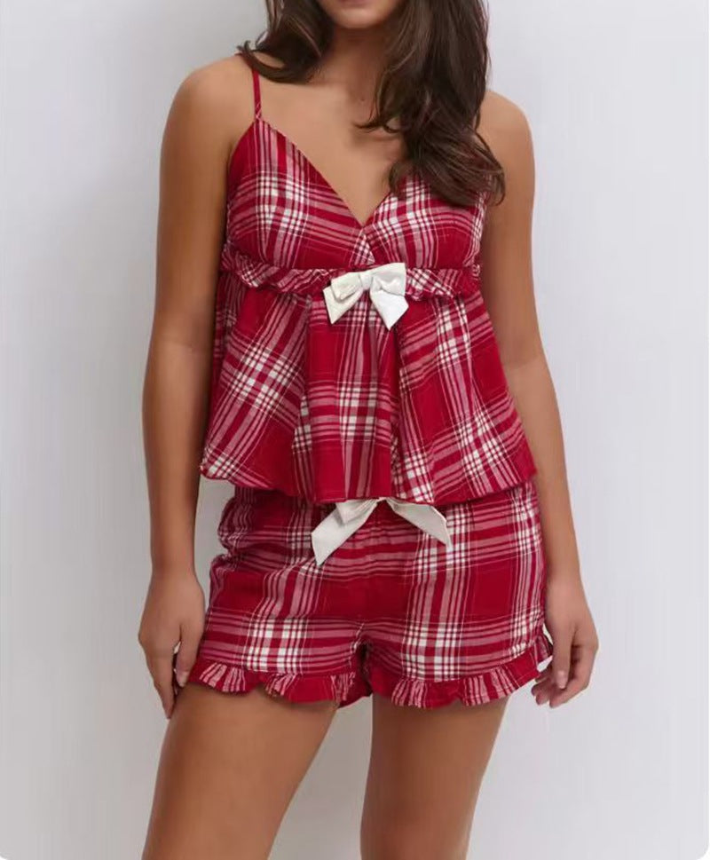 Damen nan lässiges Schlafanzug-Set mit gerafftem Camisole-Oberteil, Rüschenunterbrust und Hose mit Gummibund EB