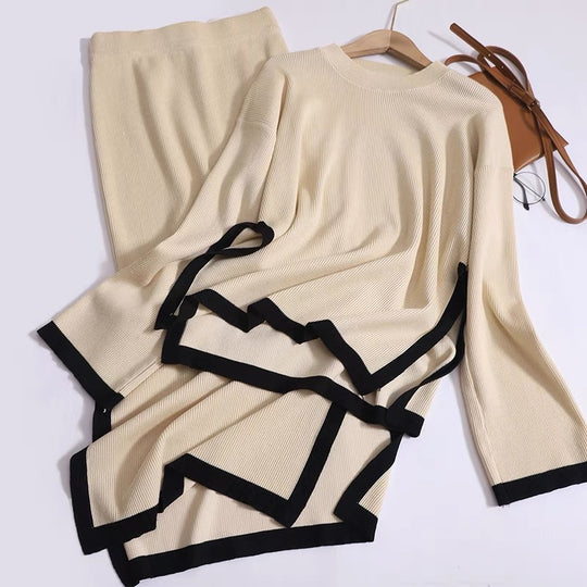Damen modisches Strick-Loungewear-Set mit dekorativem Kontrastsaum EB