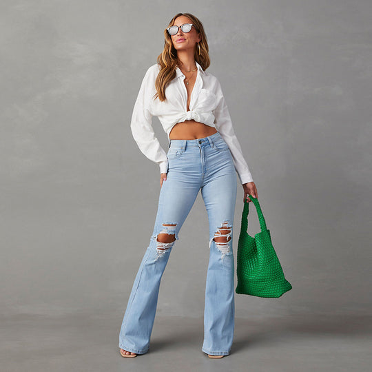Damen Flared Jeans mit hohen Rissen und hohem Bund EB