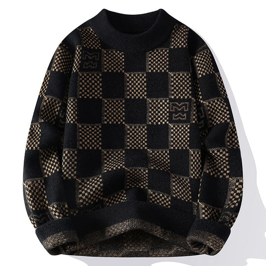 Herren nan karierter Oversize-Strickpullover mit Rundhalsausschnitt, weichem Feinstrick und strukturierter Jacquard-Musterung EB
