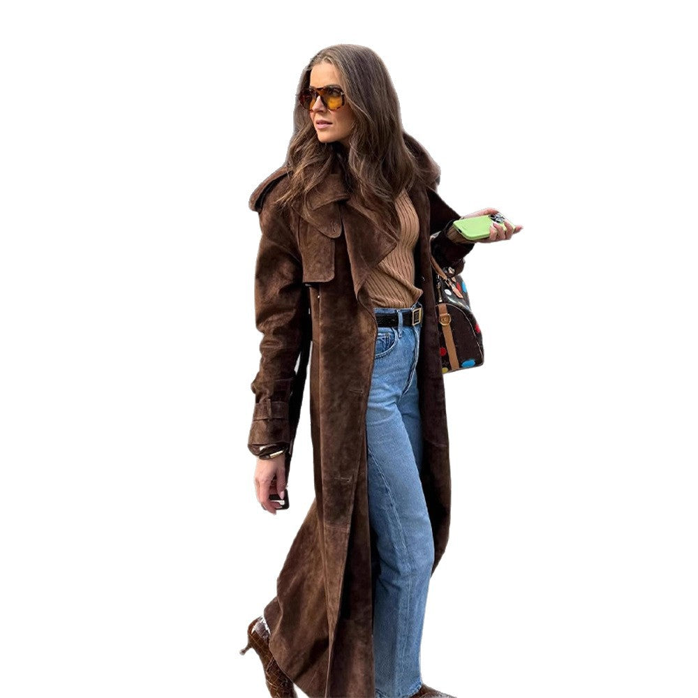 Damen Langer Vegan ledermantel mit markanten Klappen EB