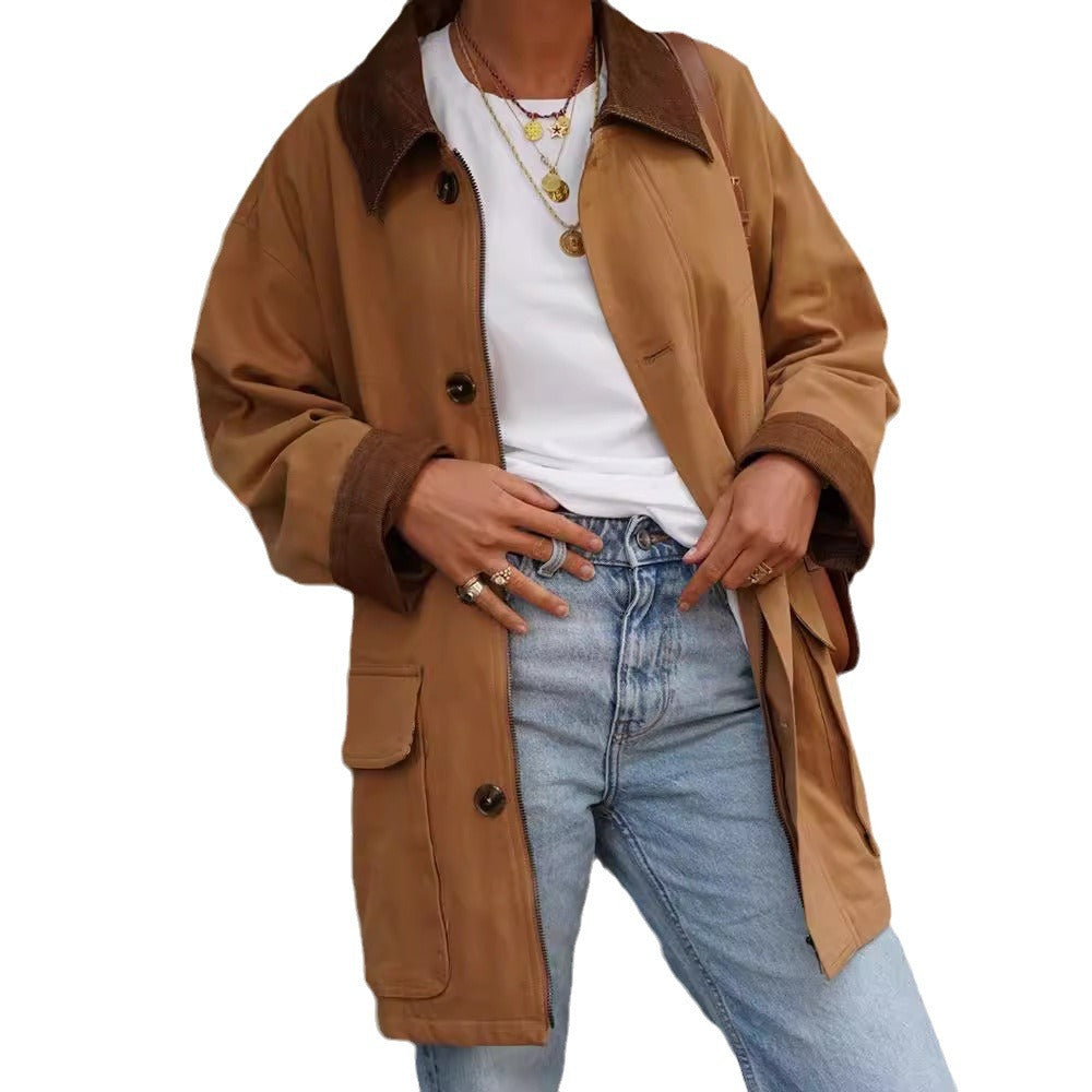 Damen lässige Baumwolljacke mit weichem Kragen und praktischen Taschen EB