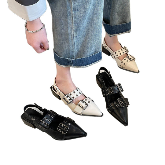 Damen  spitze Ballerina-Slipper mit doppelten Nietenriemen und verstellbaren Schnallen EB