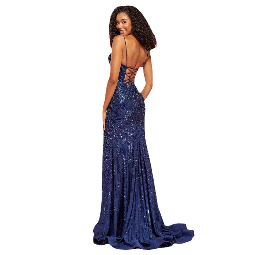 Damen Glamouröses Pailletten Abendkleid mit sexy Schlitz und Spaghetti-Trägern EB