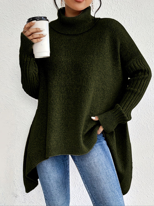 Damen nan Oversize Strickpullover mit hohem Rollkragen, gerippten Ärmeln und asymmetrischem Saum EB