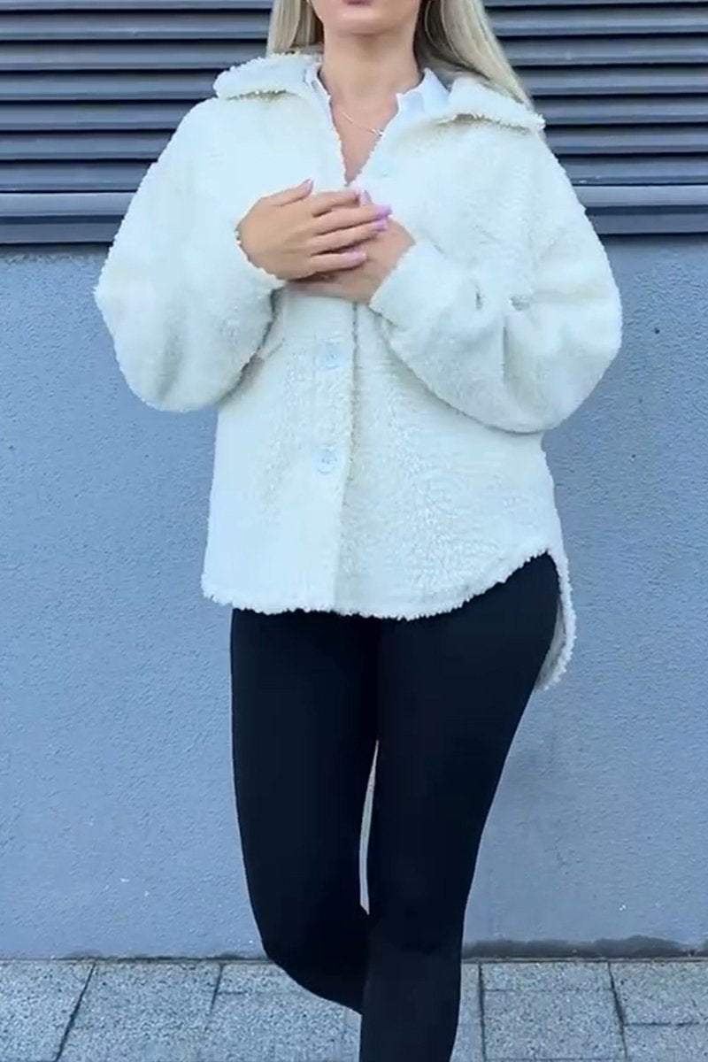 Damen Teddyjacke mit modischen Taschen und Knopfverschluss EB