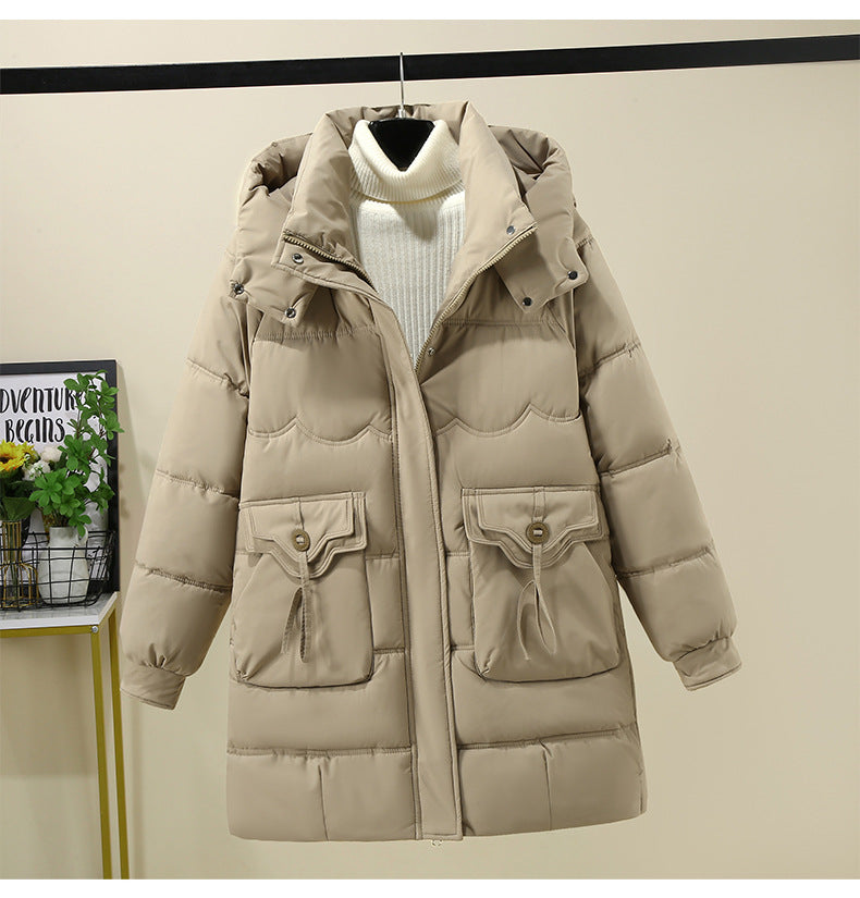 Damen Lange Pufferjacke mit praktischem Kapuzenkragen und großen Taschen EB