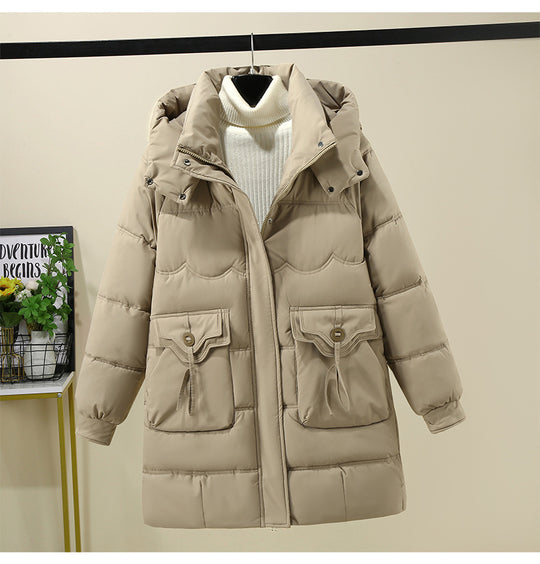 Damen Lange Pufferjacke mit praktischem Kapuzenkragen und großen Taschen EB