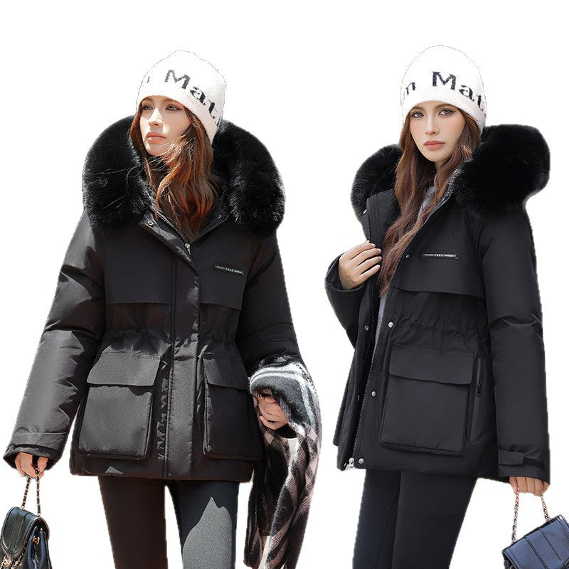 Damen Elegante und warme Winterjacke mit abnehmbarem Kunstfellkragen und praktischen Taschen EB