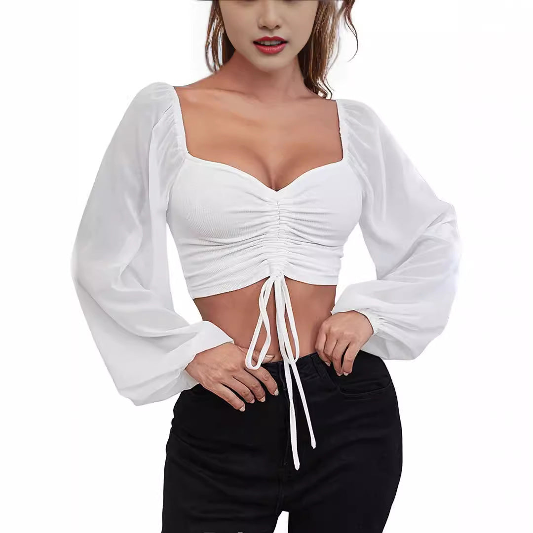Damen Crop-Top mit strukturiertem Körper und eleganten Puffärmeln EB