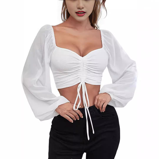 Damen Crop-Top mit strukturiertem Körper und eleganten Puffärmeln EB