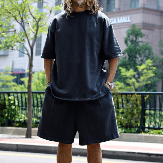 Herren nan oversized Loungewear-Set mit Boxy-Shirt Kordelbund-Bermuda und weichem Baumwollmix EB