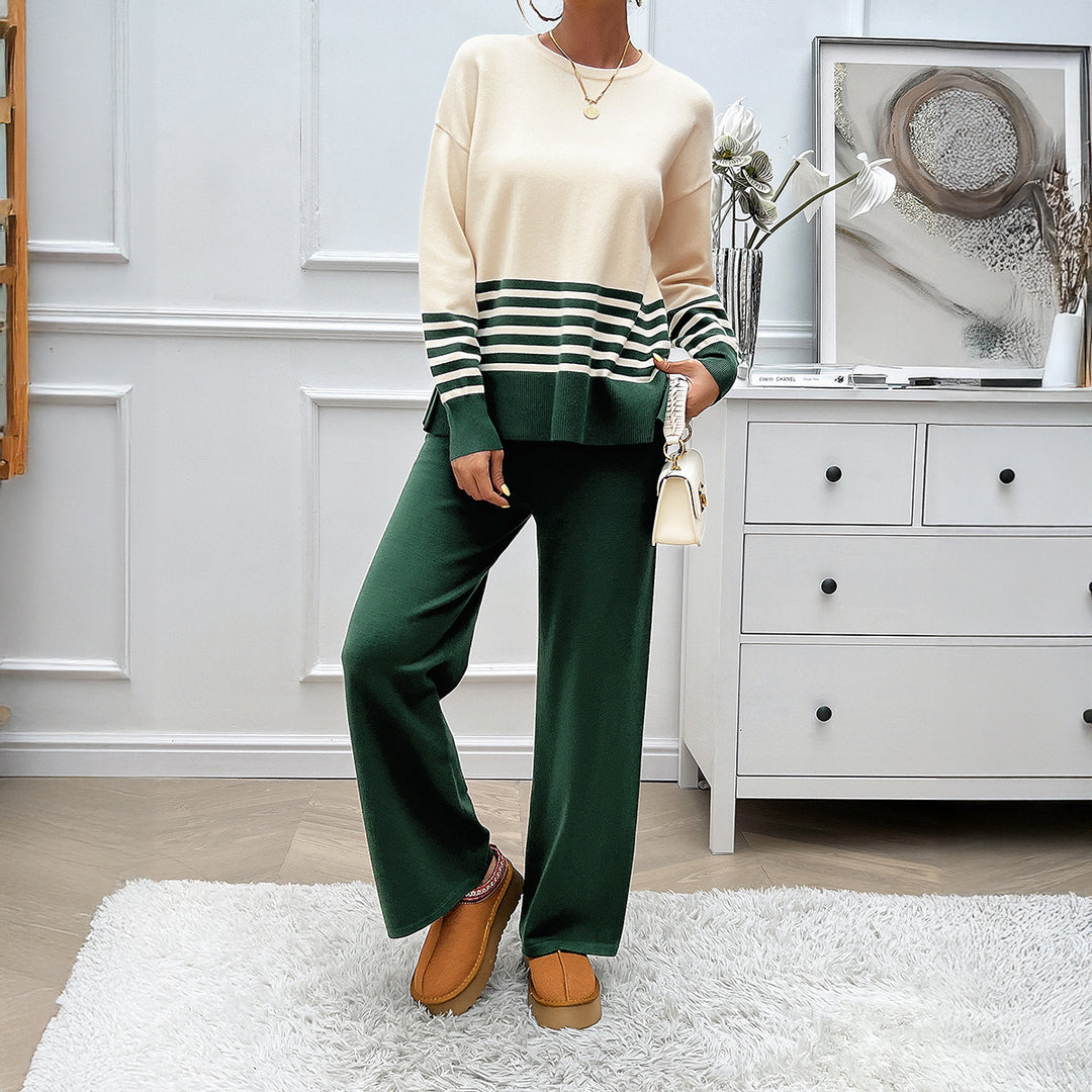 Damen nan lässiges Strick-Lounge-Set mit gestreiftem Rundhals-Pullover, Raglanärmeln und weiten taillenhohen Hosen EB