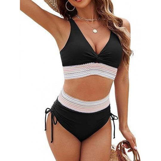 Damen Bikinioberteil mit hoher Taille und dekorativem Strickmuster EB