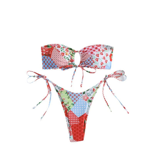 Damen Bandeau-Bikini-Set mit verspieltem Pünktchen-Muster und verstellbaren Bindebändern EB