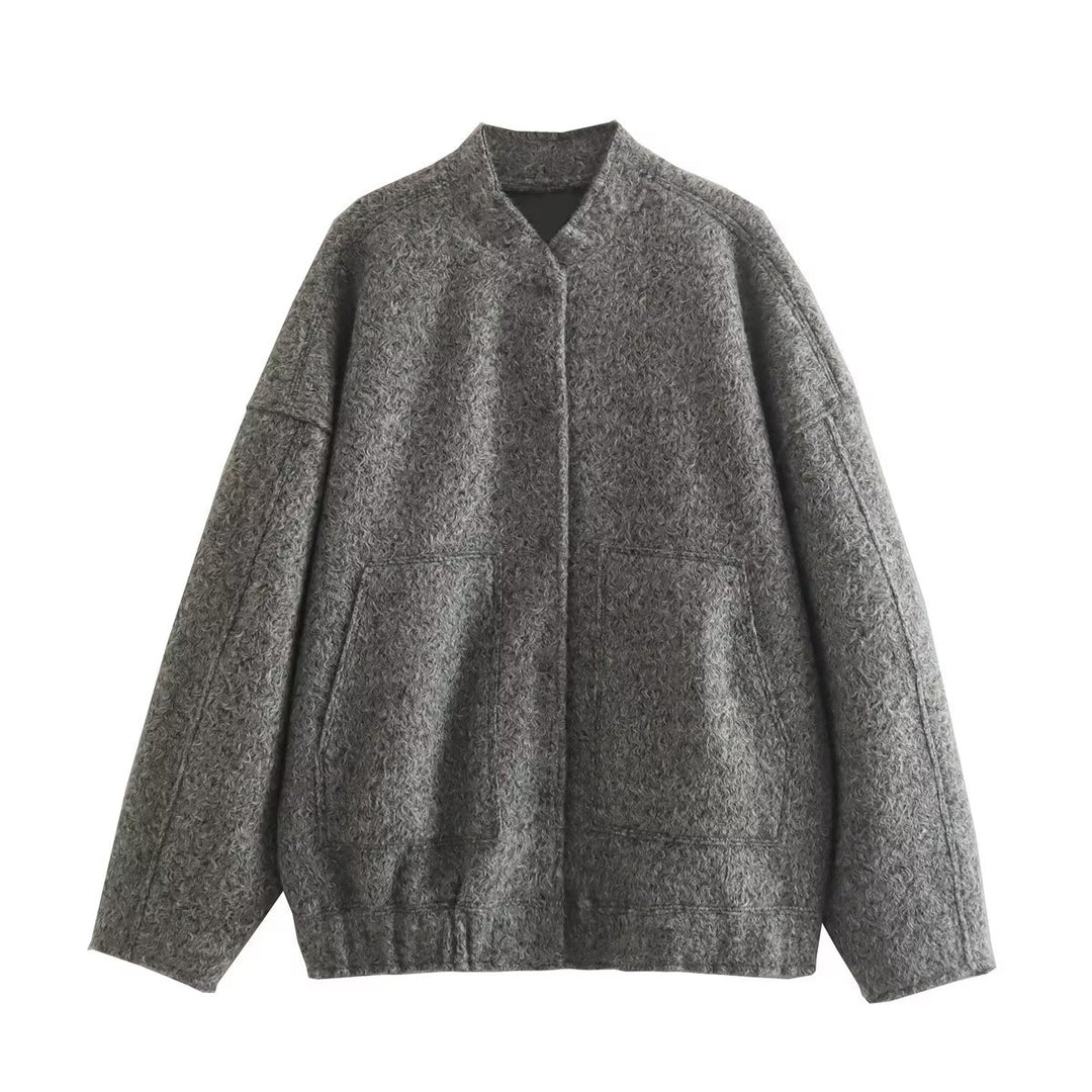 Damen flauschige Oversized-Jacke mit praktischen Taschen und elegantem Stehkragen EB