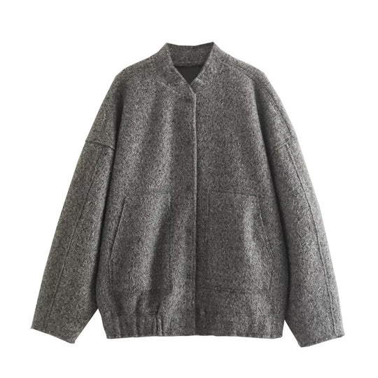 Damen flauschige Oversized-Jacke mit praktischen Taschen und elegantem Stehkragen EB