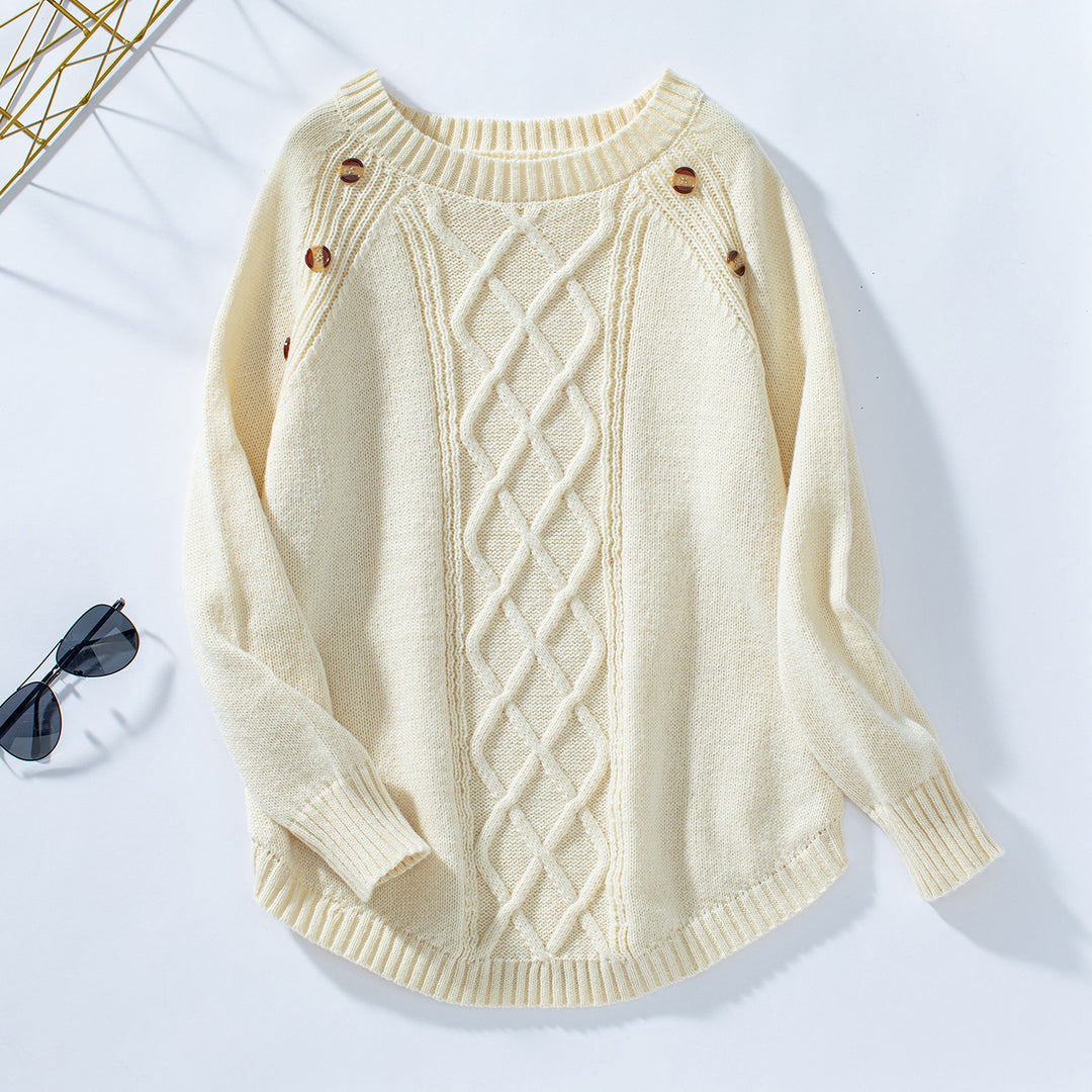 Damen Strickpullover mit dekorativem Zopfmuster und Knopfdetails EB