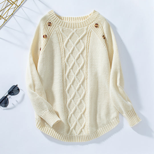 Damen Strickpullover mit dekorativem Zopfmuster und Knopfdetails EB