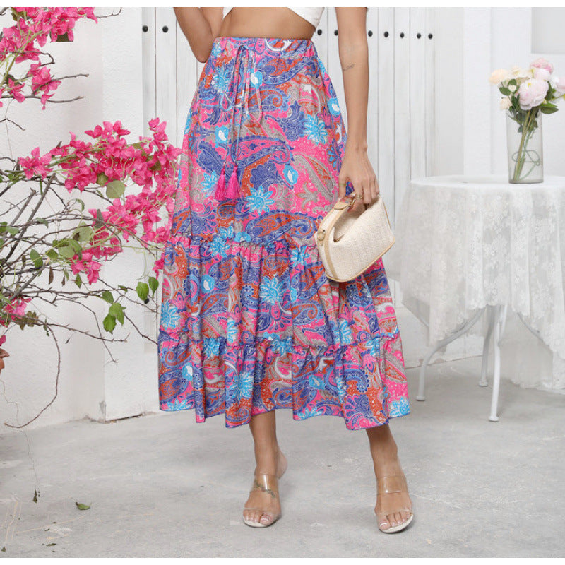 Damen Midi-Rock im verspielten Boho-Stil mit buntem Paisleymuster und voluminösem Saum EB