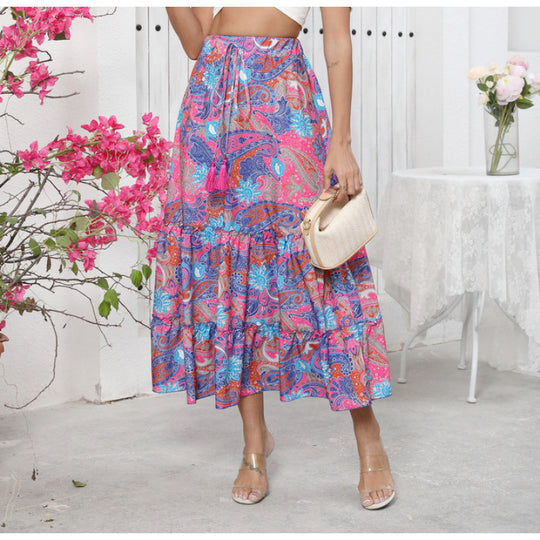 Damen Midi-Rock im verspielten Boho-Stil mit buntem Paisleymuster und voluminösem Saum EB