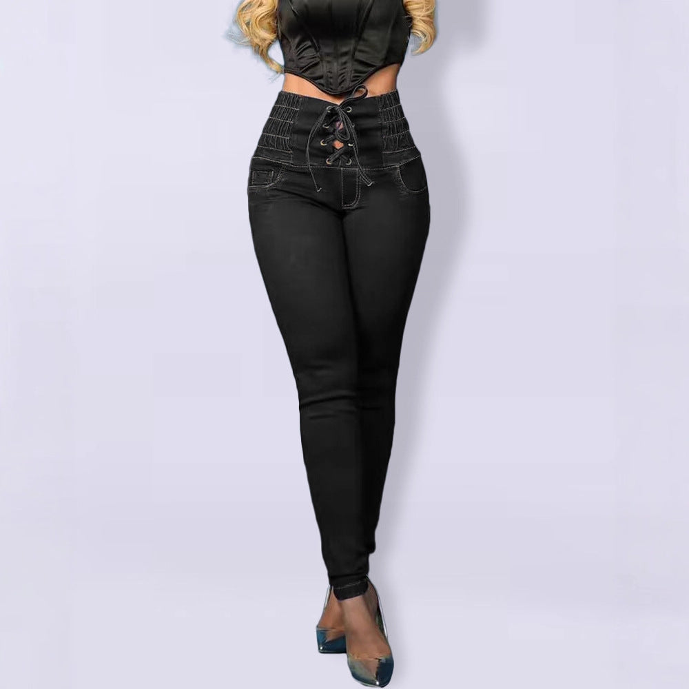 Damen Skinny Jeans mit modischem Schnürdetail und hohem Taillenbund EB