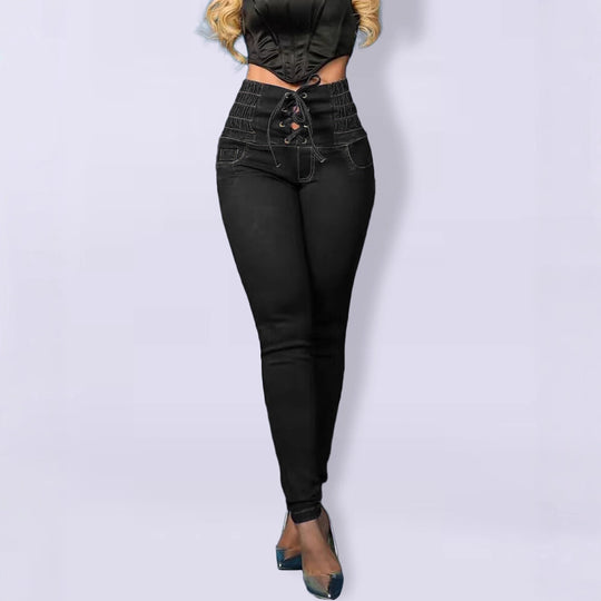 Damen Skinny Jeans mit modischem Schnürdetail und hohem Taillenbund EB