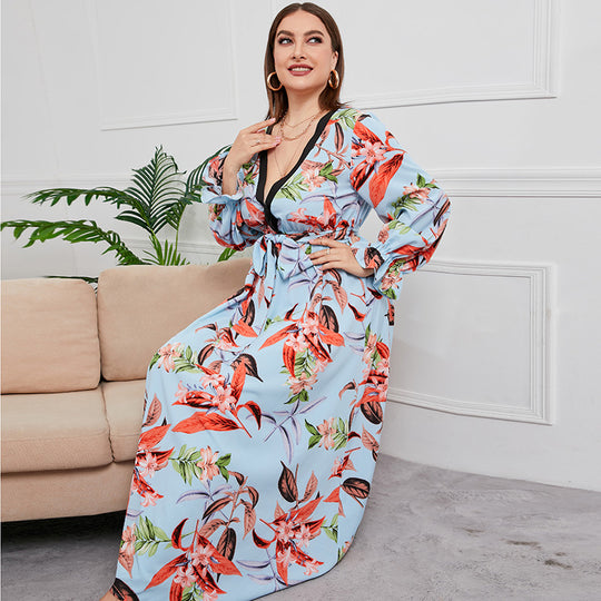 Damen Maxi-Kleid mit elegantem Floral-Design und tiefem V-Ausschnitt EB