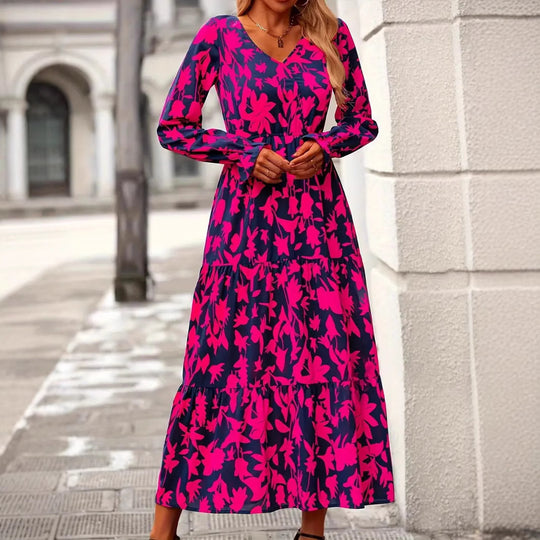 Damen Maxikleid mit V-Ausschnitt und voluminösen Ärmeln EB