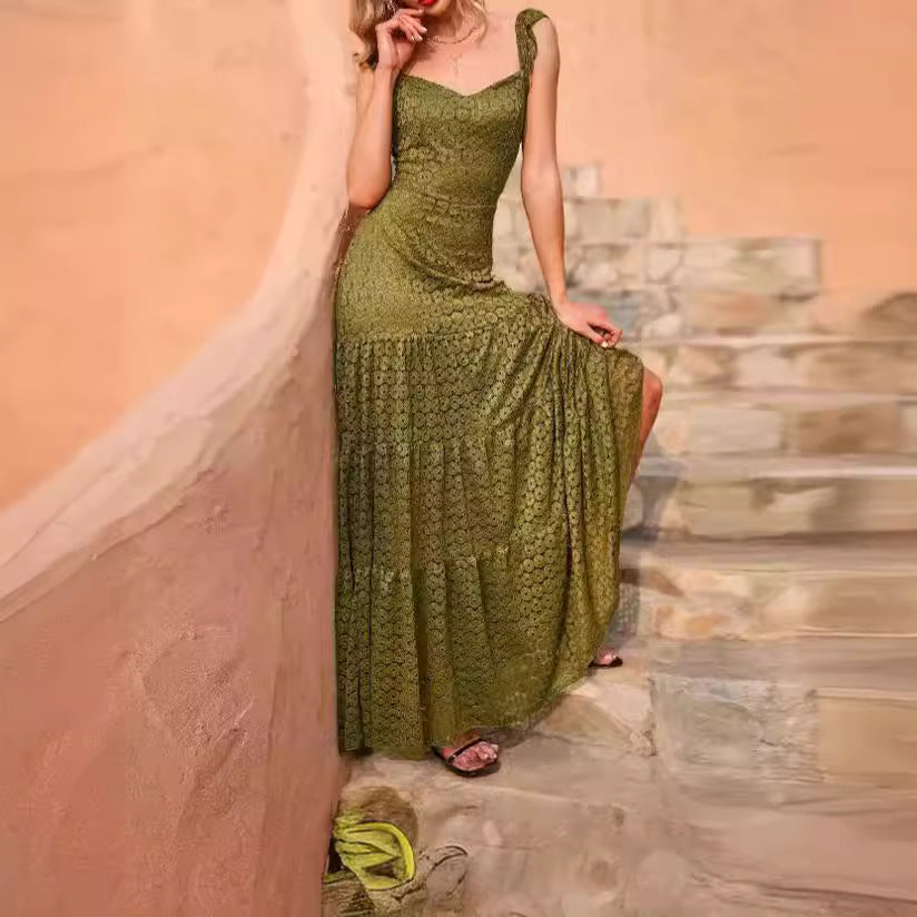 Damen Maxikleid mit exquisite Häkelstruktur und fließendem Rock EB