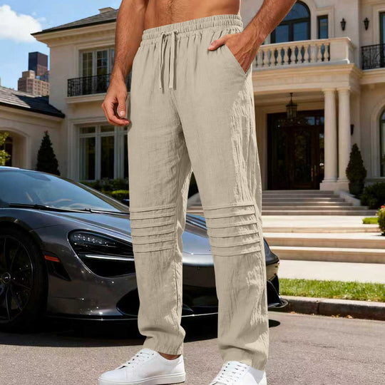 Herren Leinenoptik-Loungehose mit Tunnelzug elastischem Bund und abgesteppten Kniepanelen EB