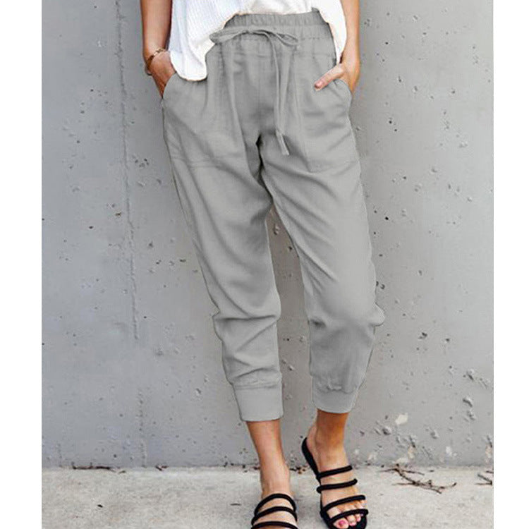 Damen nan lässige tapered Leinenhose mit elastischem Bund und Bündchen EB