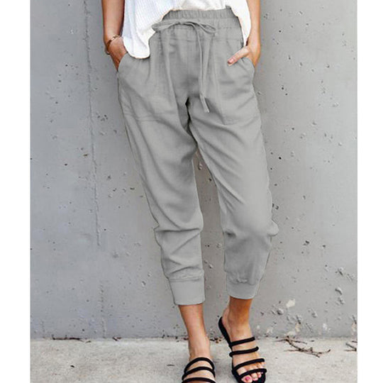 Damen nan lässige tapered Leinenhose mit elastischem Bund und Bündchen EB