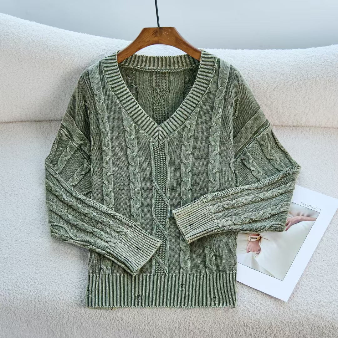 Damen Modischer Strickpullover mit V-Ausschnitt und Zopfmuster EB