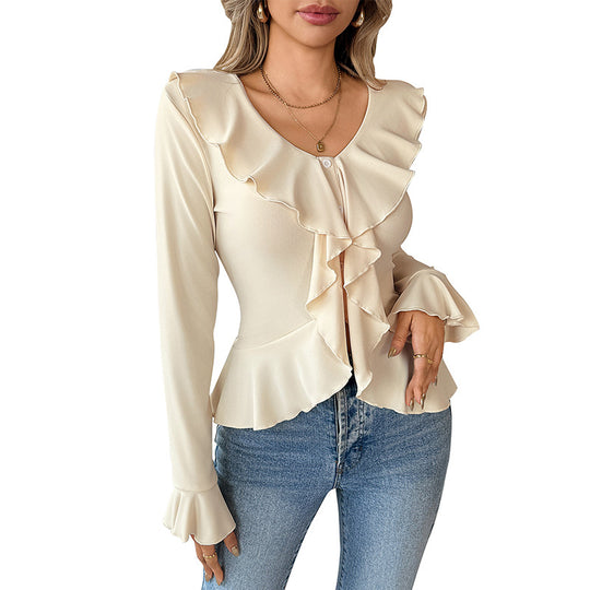Damen Chiffon-Volantbluse mit Knopfleiste, Tailliertem Schößchen und Rüschenkragen EB