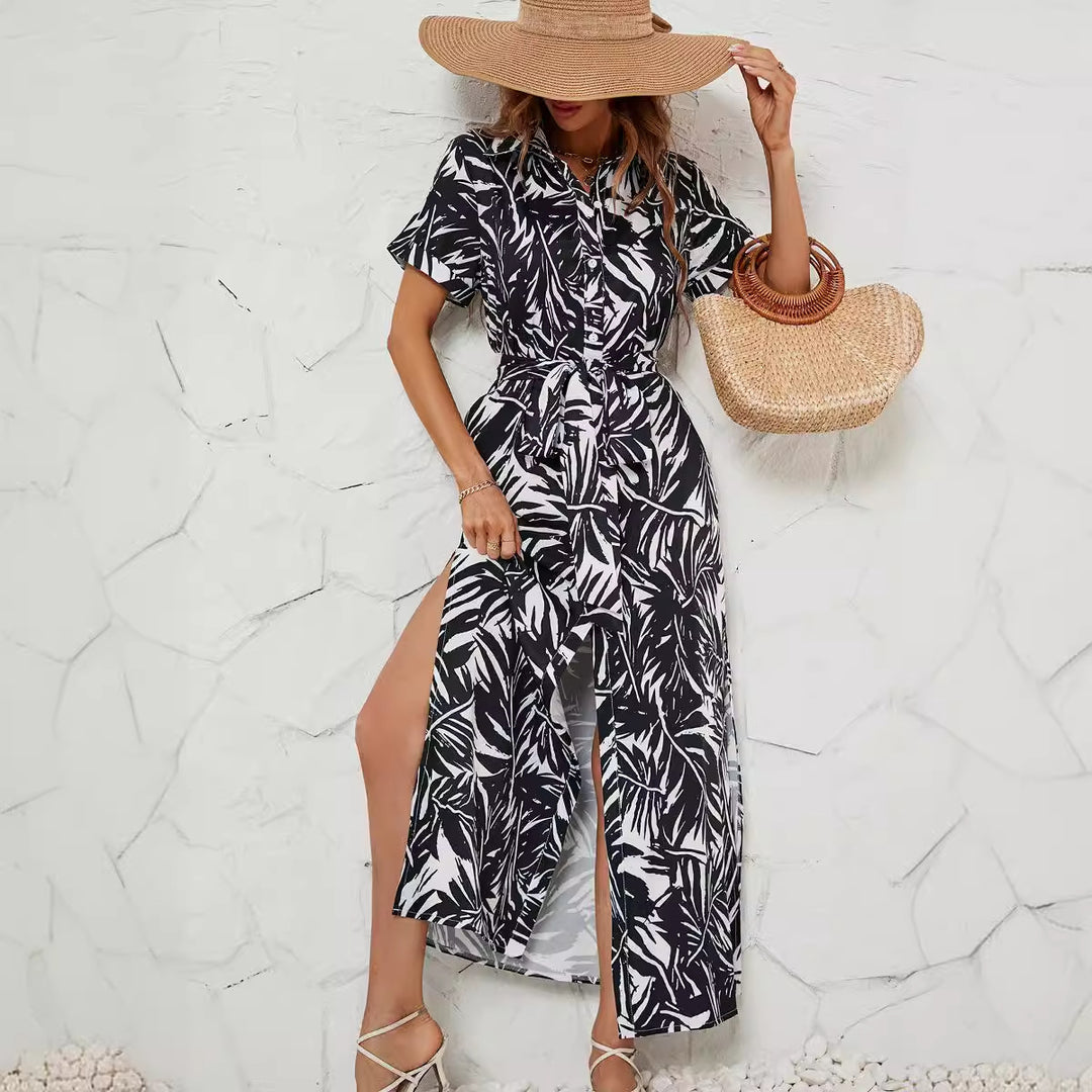Damen Maxikleid mit raffiniertem Schnitt und tropischem Design EB