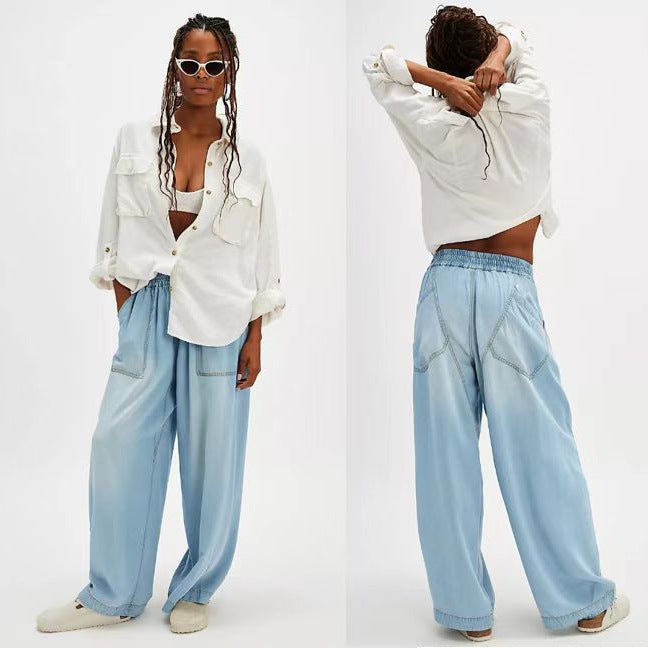 Damen nan weite Lyocell-Hose mit elastischem Kordelbund und großen aufgesetzten Fronttaschen EB