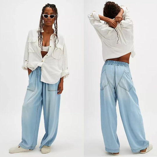 Damen nan weite Lyocell-Hose mit elastischem Kordelbund und großen aufgesetzten Fronttaschen EB